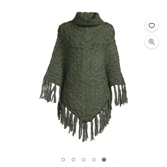 Boho Fringe Poncho Sweater Olive Green Turtleneck Cozy Oversized Cape - Picture 3 of 7